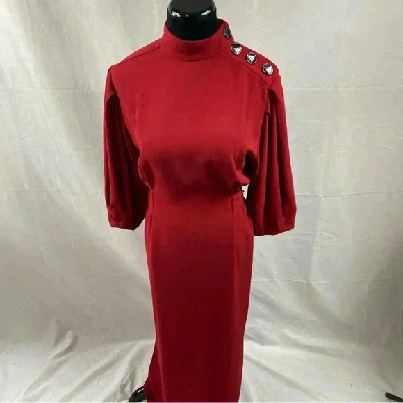 Zara Dresses & Skirts - ZARA Midi Dress Ballon Sleeve Maroon W/ Buttons On Shoulder Ties Small
